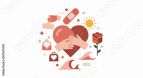 Self-Care and Emotional Wellness Vector Illustration with Heart, Hands, and Healing Symbols for Mental Health Awareness