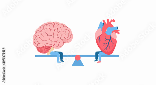 Balance between Brain and Heart on a Seesaw, Emotional Intelligence Concept, Logic vs Emotion Vector Illustration for Psychology and Mental Health