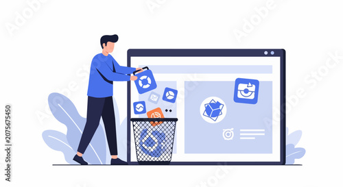 Flat vector illustration of a man deleting digital icons into a trash bin, symbolizing software uninstallation and data management