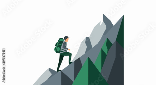 Success Concept: Hiker with Backpack Climbing Steep Mountain Peak Flat Vector Illustration