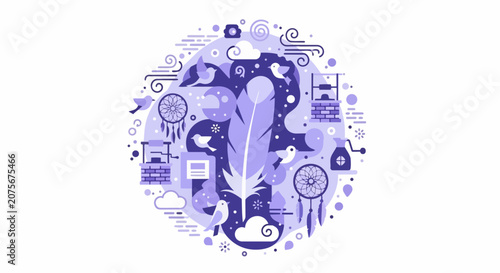 Whimsical Purple Vector Illustration Featuring Feather, Dreamcatcher, Birds, and Mystical Elements in a Circular Composition on White Background