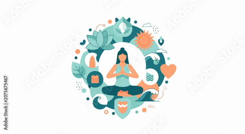 Yoga and Mindfulness Concept Illustration - Woman Meditating in Lotus Pose with Holistic Wellness Icons and Symbols
