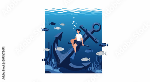 Man Sitting on Large Anchor Underwater Vector Illustration - Concept of Stability, Burden, and Marine Exploration in Blue Deep Sea Environment