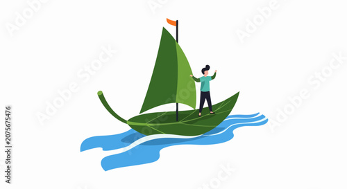 Eco-Friendly Sustainable Travel Concept Illustration with Man Sailing on a Green Leaf Boat