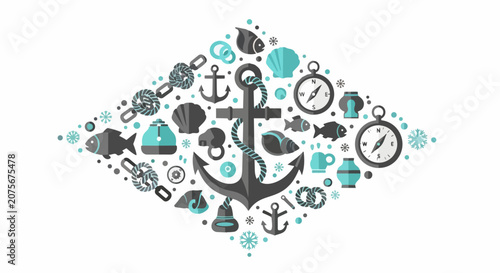 Nautical Maritime Vector Illustration with Central Anchor, Fish, Compass, and Shells in Flat Design Style