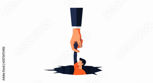 Helping Hand Concept Illustration: Giant Hand Rescuing Person from a Deep Hole