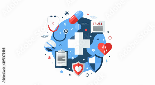 Global Healthcare Concept Illustration with Medical Icons: Stethoscope, Heart Pulse, Pill, and Insurance Shield for Wellness and Medical Services