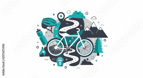 Adventure Cycling Flat Illustration with Mountain Bike, Winding Road, Mountains, and Helmet for Outdoor Fitness and Travel Concept