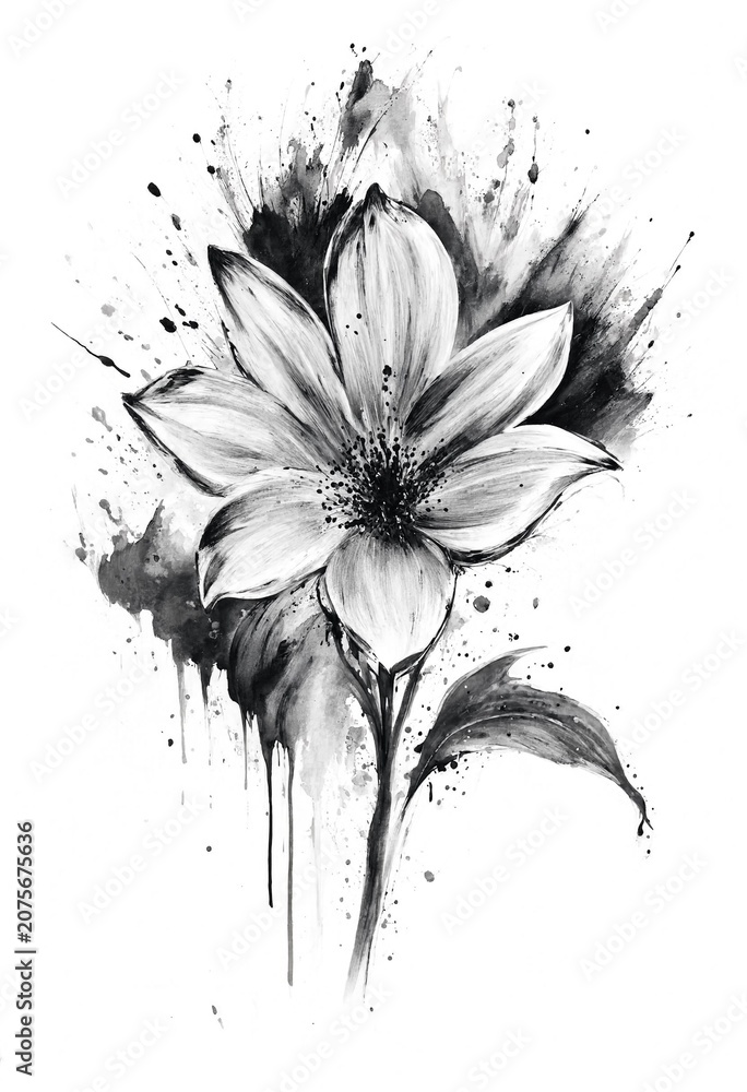 Obraz premium Black and White Floral Ink Splatter Art
