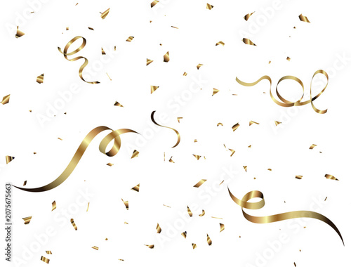 Gold confetti and shiny serpentine ribbons exploding on a white background for festive party celebration design