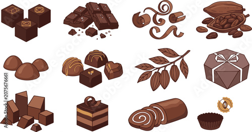 Chocolate Sweets and Cocoa Beans Vector Illustration Set
