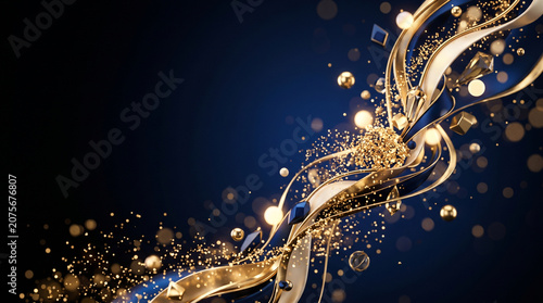 Luxury abstract dark blue background with dynamic golden wave ribbons bokeh and large copy space