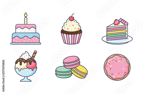Sweet bakery dessert icon collection for food on white background