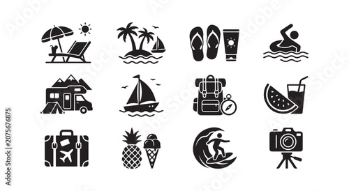 Summer travel and vacation icon collection for tourism branding and seasonal design on white background