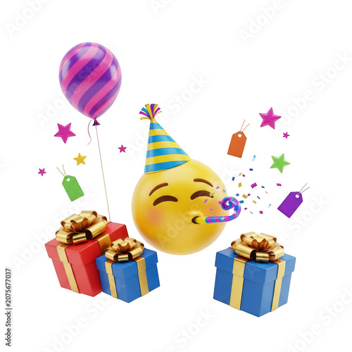 Celebration with balloons, gifts, and a joyful emoji face isolated on transparent background