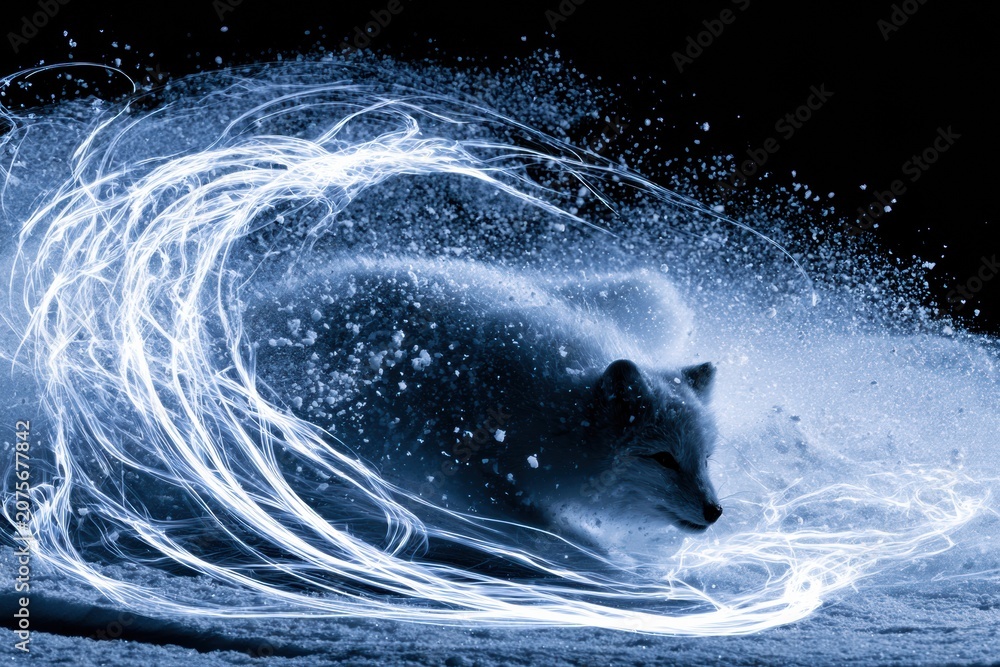 Fototapeta premium An arctic fox pounces into a snowbank, creating a glow around its body while snow particles drift under a dark background.