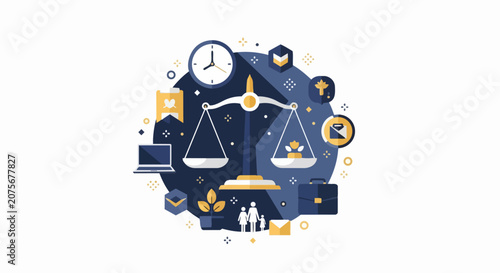 Work Life Balance Vector Illustration with Scale, Time Management, Career, and Family Icons in Flat Design
