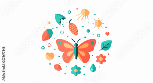 Butterfly Life Cycle Flat Vector Illustration with Flowers, Leaves, and Nature Icons