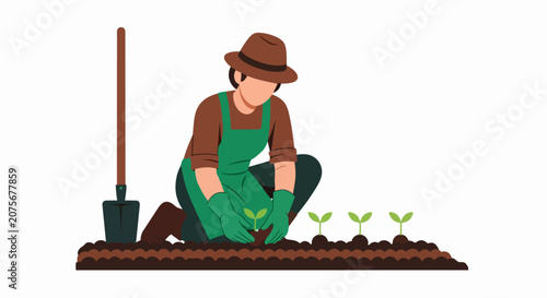 Vector Illustration of a Gardener Planting Young Seedlings in Soil Bed, Male Farmer with Shovel and Green Apron Gardening, Agricultural Growth and Sustainable Living Concept