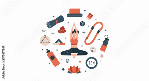Flat Vector Illustration of a Woman Meditating Surrounded by Yoga Equipment and Wellness Icons