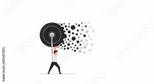 Conceptual Illustration of Man Lifting Heavy Gear Dissolving into Circles Representing Strength and Transformation