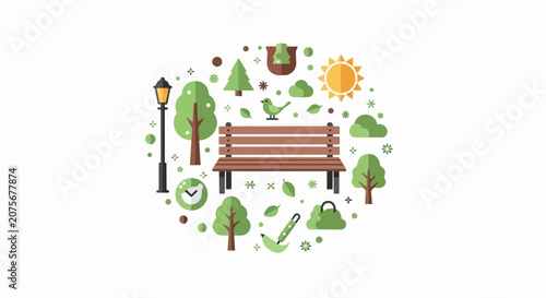 Flat Vector Illustration of a City Park Bench and Nature Elements in a Circular Composition on White Background