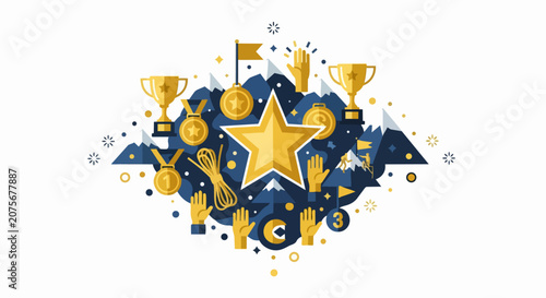 Business Success and Achievement Concept Illustration with Gold Star, Trophies, Medals, and Mountains for Motivation, Goals, and Leadership