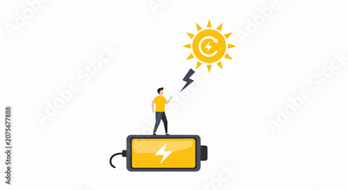 Renewable Solar Energy Concept with Character Standing on Battery Charging from the Sun
