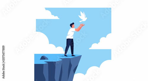 Man Releasing White Dove from Cliff Edge Illustration - Flat Vector Concept for Freedom, Peace, Hope, and New Beginnings