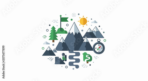 Mountain Adventure and Outdoor Exploration Flat Design Illustration with Hiking Elements, Compass, and Summit Flag