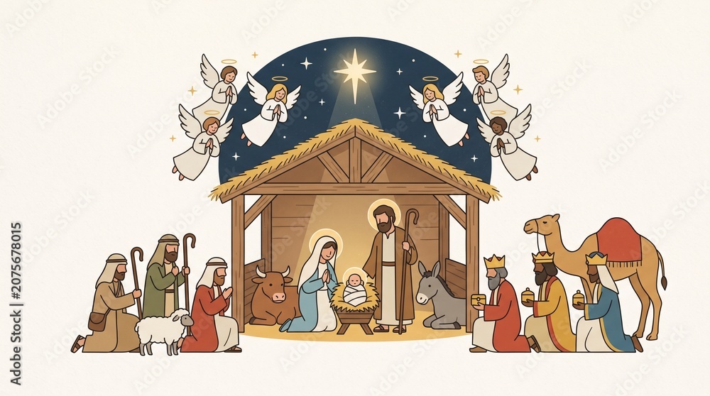 Naklejka premium Nativity scene with manger, holy family, wise men, angels, and star, minimalist composition highlighting Christian tradition and symbolic storytelling.