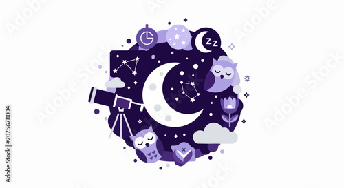 Flat Vector Night Sky Concept with Sleeping Owls, Crescent Moon, Telescope, and Constellations for Astronomy, Sleep Wellness, and Dream Themes