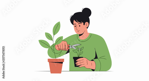 Woman Pruning Indoor Houseplant for Propagation, Flat Vector Illustration of Plant Care, Gardening Hobby and Botanical Growth Concept