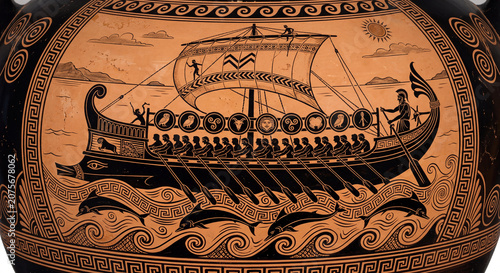 Ancient Greek Trireme Sailing Across Stylized Sea Waves Artwork, wall art decor, Classical Maritime Ceramic Painting
