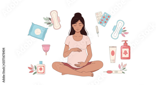 Pregnant woman sitting in a meditative pose surrounded by various feminine hygiene, maternity care, and health products for prenatal wellness.