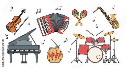 Diverse collection of musical instruments such as a piano, violin, drums, and saxophone arranged with colorful floating music notes for art.