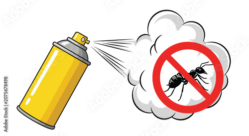 Insecticide spray can releasing chemicals to kill an ant with a red prohibition sign for effective pest control at home.