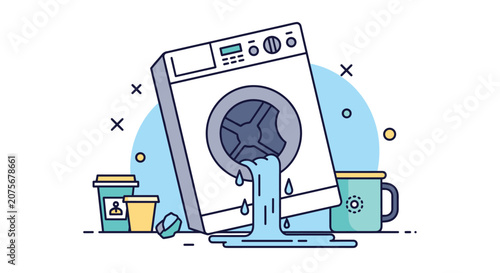 Broken white washing machine leaking water on the floor surrounded by household items and puddles in a domestic laundry room.