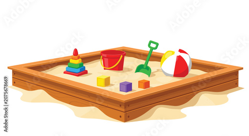 Children sandbox filled with sand and various toys like a bucket, shovel, ball, blocks, and a colorful ring stacker.