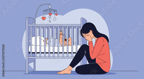 Distressed mother crying on floor next to baby crib showing symptoms of postpartum depression and stress in nursery setting during early parent.