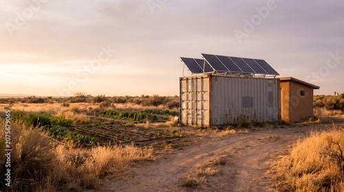 Off-Grid Living with Solar Power: A rustic container home equipped with solar panels stands in a dry, arid landscape under a soft, warm sunset sky, symbolizing self-sufficiency and sustainable energy.