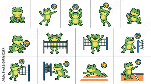 A collection of cute cartoon frogs playing a game of volleyball on a white background