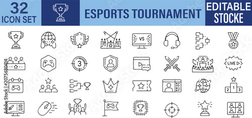 Fotografie Esports Tournament Vector Outline Icons Set – Gaming Competition, Live Streaming