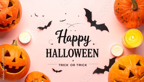 Happy Halloween design with carved pumpkins, bats, candles, and festive pink spooky background