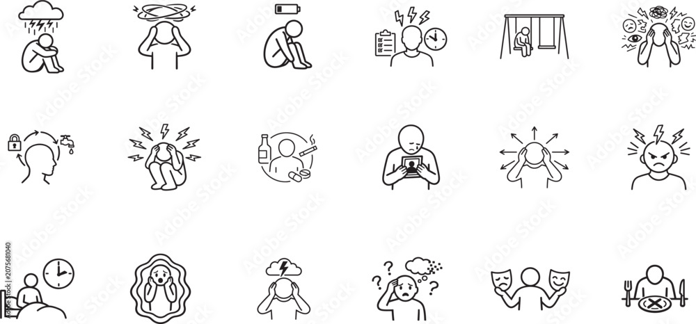 Fototapeta premium Mental health disorders thin line icon set with editable stroke for healthcare, psychology and education.