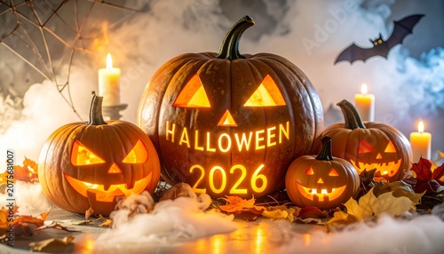 Glowing Halloween jack-o’-lanterns with carved lettering surrounded by candles, fog, and spooky decor