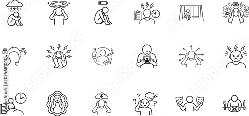 Photos Mental health disorders thin line icon set with editable stroke for healthcare, psychology and education