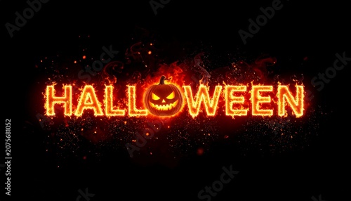 Fiery Halloween text with glowing jack-o’-lantern face on dark spooky background