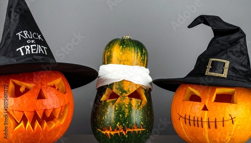 Halloween pumpkins with witch hats and mummy gourd in spooky festive display arrangement