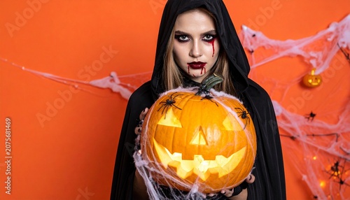 Spooky Halloween hooded figure holding glowing jack-o’-lantern amidst eerie pumpkins and haunted trees